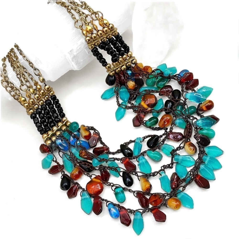 STUNNING Vintage Multi Strand Natural Polished Stone Bib Collar Necklace